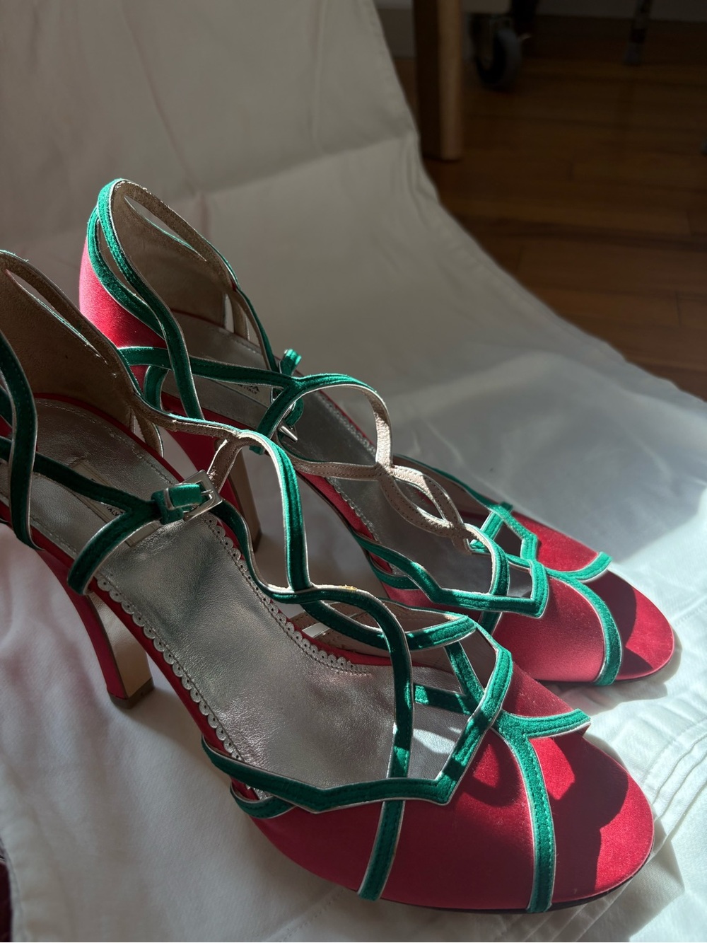 Prada Satin High Heel T bar with Green Trim